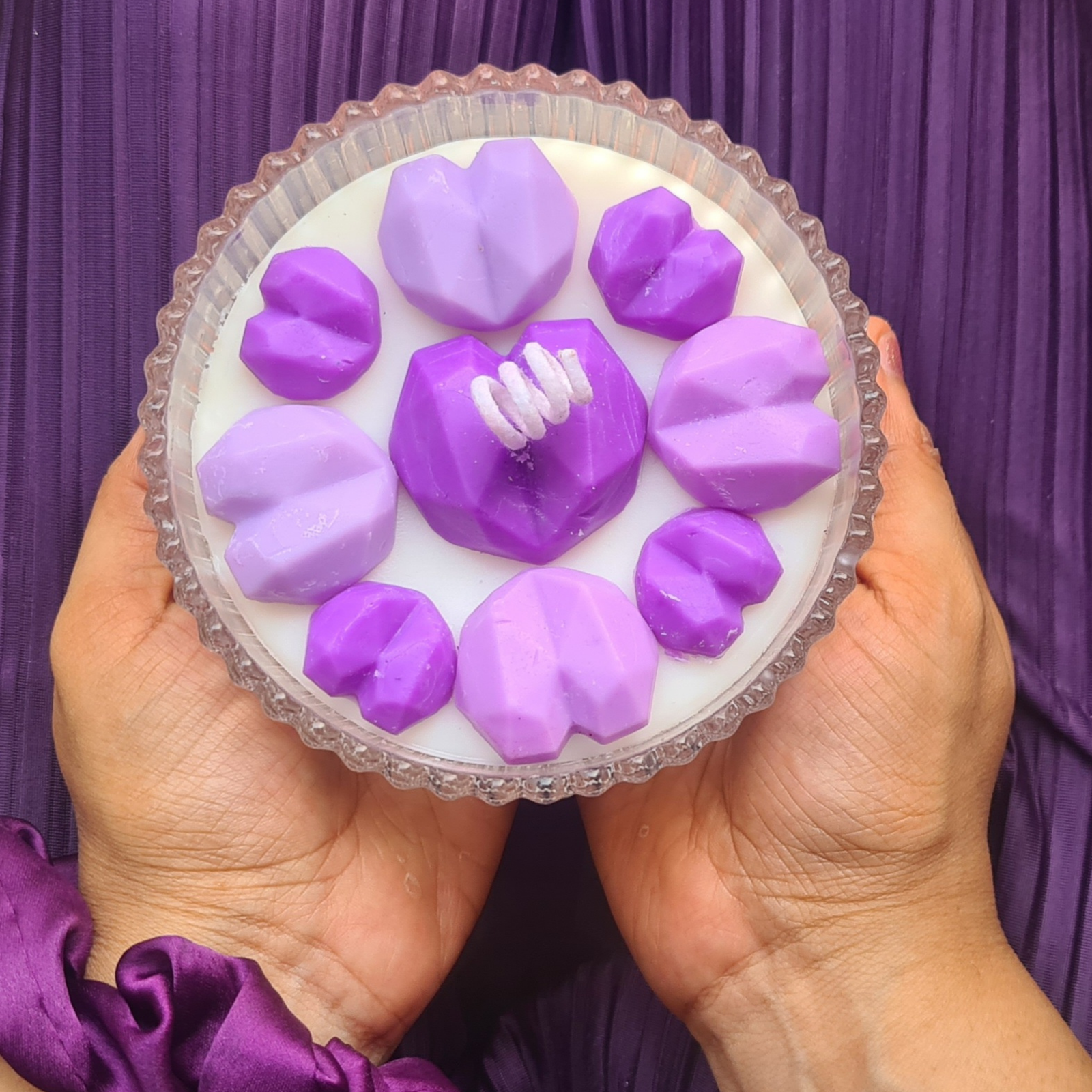 Purple Geometric Heart Bowl Candle in Glass Dish
