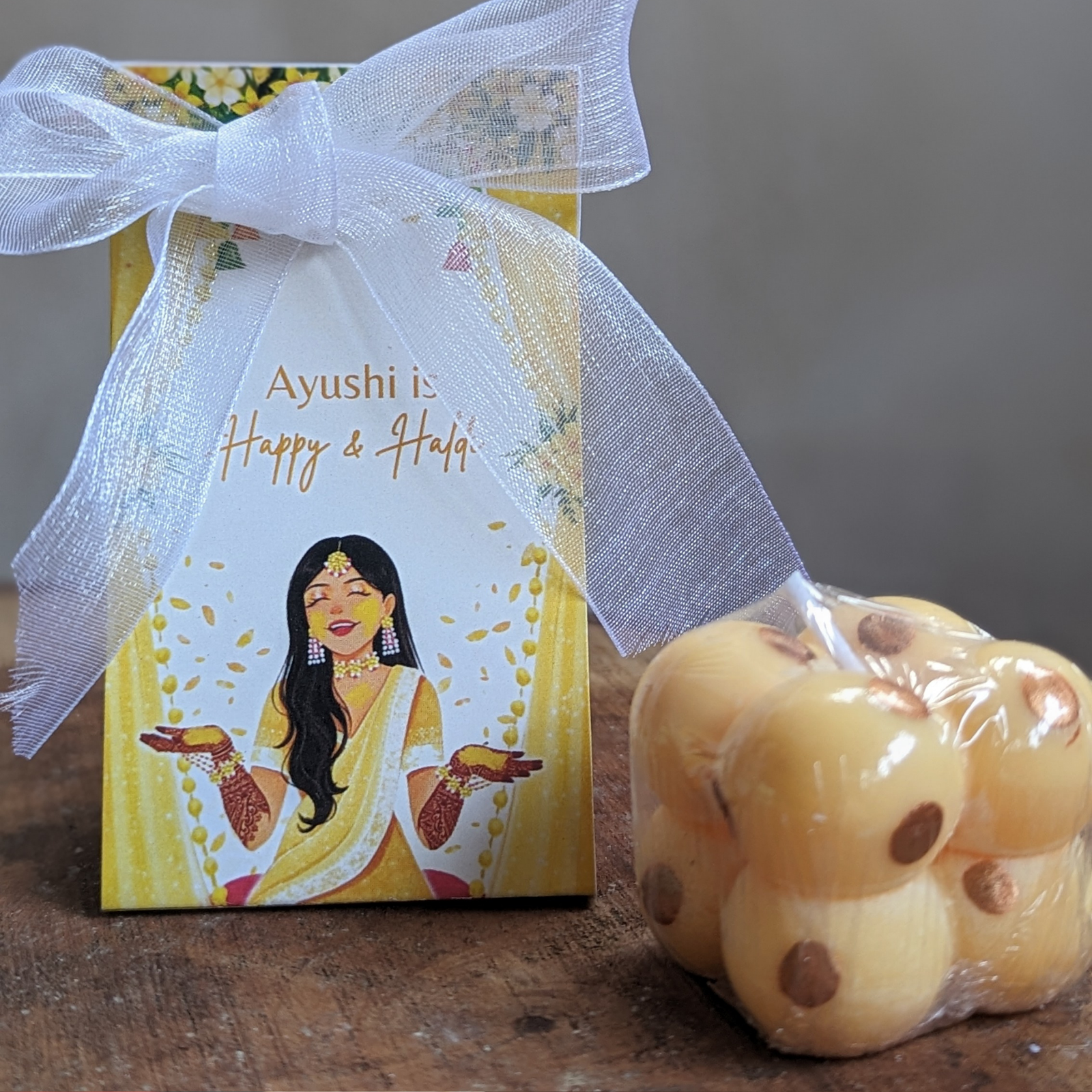 Personalized Haldi Ceremony Bubble Candle Favor with Custom Tag