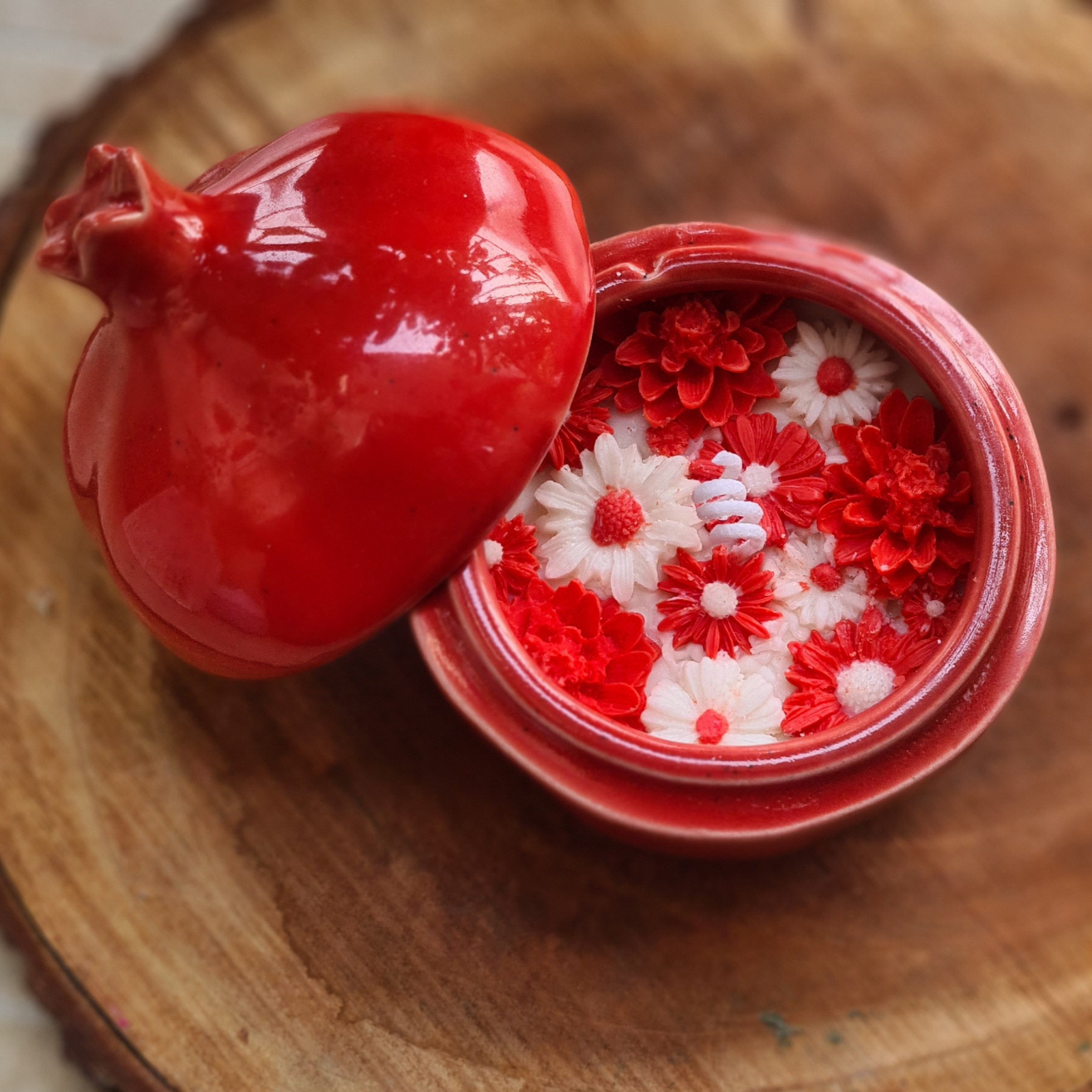 Ceramic Pomegranate Jar Candle with Red & White Floral Toppings