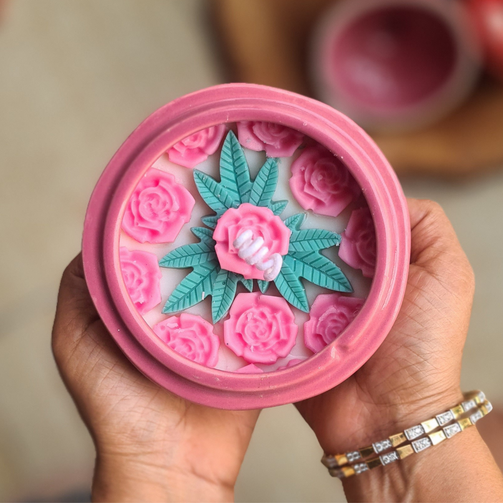 Pink Ceramic Jar Candle with Handcrafted Rose & Leaf Toppings